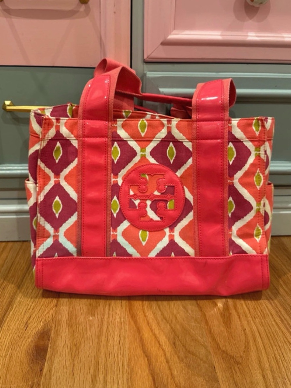 Tory Burch Pink Patterned Canvas Tote Bag